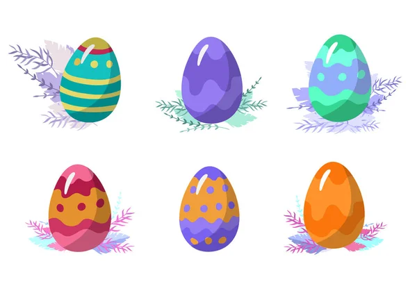 Ilustración de Pascua con huevos pintados y pastel de Pascua. Linda tarjeta de dibujos animados de Pascua. Vector celebración de vacaciones de primavera — Vector de stock