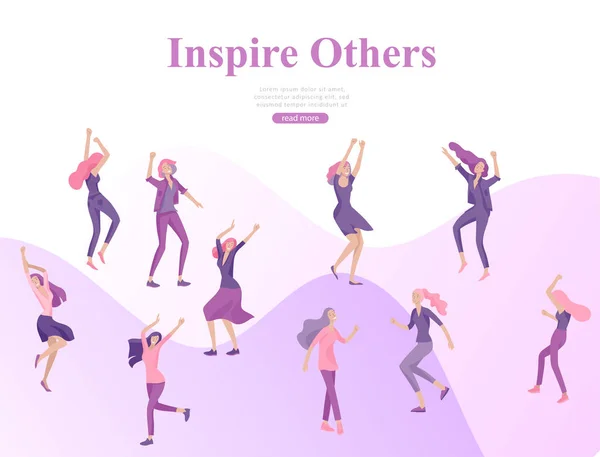 Modelo de web design com Happy Woman dansing, para beleza, motivação de sonhos, Dia Internacional das Mulheres, conceito de feminismo, poder das meninas e direitos das mulheres, ilustração vetorial —  Vetores de Stock