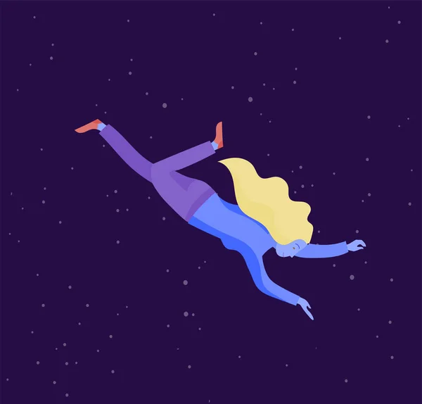 Ihletett nő repül az űrben. Karakter mozog és lebeg az álmok, a képzelet és az inspiráció. Síktervezési stílus — Stock Vector