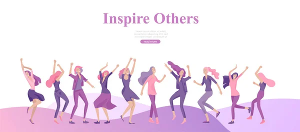 Web Design sjabloon met gelukkige vrouw Dansing, voor schoonheid, dromen motivatie, internationale Womens dag, feminisme concept, meisjes macht en vrouw rechten, vector illustratie — Stockvector