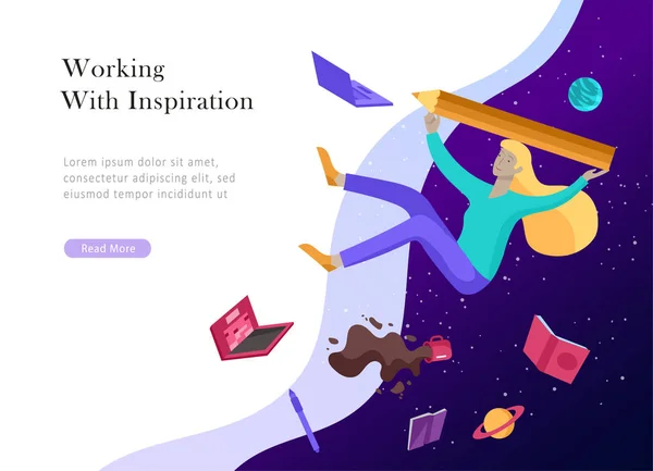 Landing page template. Inspired People flying. Create your own spase. Characters moving and floating in dreams, imagination and freedom inspiration design work — Stock Vector