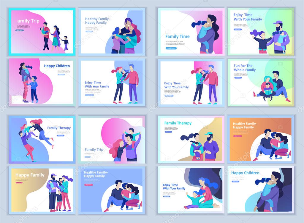 Set of Landing page templates happy family, travel and psychotherapy, family health care, goods entertainment for mother father and their children. Parents with daughter and son