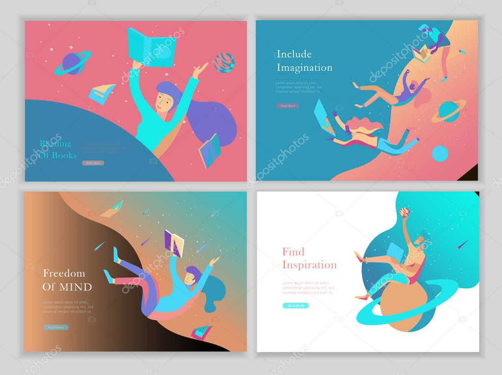 landing page templates set. Inspired People flying in space and reading books. Characters moving and floating in dreams, imagination and freedom inspiration. Flat design style