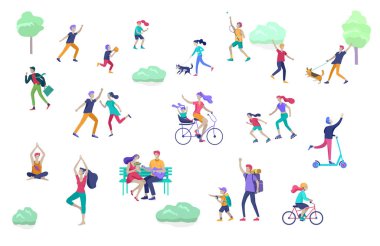 İnsanlar zaman geçiriyorlar, doğada dinleniyorlar, aile ve çocuklar parkta spor yapıyorlar, köpek gezdiriyorlar, yoga yapıyorlar, bisiklete biniyorlar, tenis oynuyorlar. Çizgi film vektörü