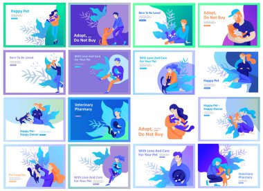 Açılış sayfası şablonları vektör simgesi olan küme. Mutlu insanlar onların pets ile bir kedi sahipleri, bakım ve sevgi, bir pet shop ve hayvan hastalıklarıyla ilgili bir eczane seviyor. Hayvan gün ve evlat edinme. Vektör