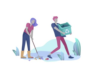 insanlar ve çocuklar geri dönüşüm sıralama organik çöp ayrım için farklı konteyner azaltmak için çevre kirliliği. Çocuklar ile aile çöp toplar. Çevre gün vektör karikatür