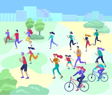 People Marathon Sport Yarış Koşusu, konsept çizimler... Manzarada spor giyinen erkek ve kadınlar. Antrenmanda koşuyor. Sağlıklı Aktif Hız Egzersizi. Çizgi film Vektörü