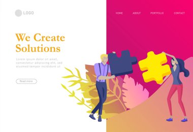 Puzzle Infographic ile vektör karakter iş insanları çözüm var. Gol düşünme. Bir ekip oluşturmak için Grup tarafından işbirliği. Konsept Web Tasarım renkli düz kavramı