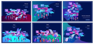 Kavram Açılış sayfası şablonu, düz stil, işadamları sosyal ağ tartışmak, haber, sosyal ağlar, sohbet, diyalog konuşma kabarcıkları