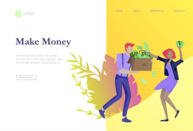 Açılış sayfası şablonu para ile mutlu insanlar, hareket halinde karakterler para kazanmak. İş yatırımı, para yağmuru, erkek ve kadın kar ile koşmak, faturaları yakalamak. Karikatür tarzı, düz vektör