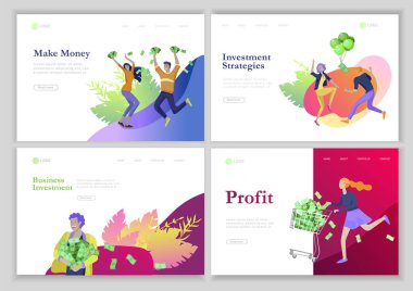 Açılış sayfası şablonu para ile mutlu insanlar, hareket halinde karakterler para kazanmak. İş yatırımı, para yağmuru, erkek ve kadın kar ile koşmak, faturaları yakalamak. Karikatür tarzı, düz vektör