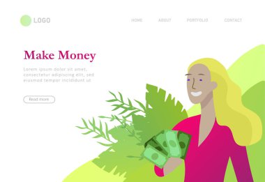 Açılış sayfası şablonu para ile mutlu insanlar, hareket halinde karakterler para kazanmak. İş yatırımı, para yağmuru, erkek ve kadın kar ile koşmak, faturaları yakalamak. Karikatür tarzı, düz vektör