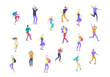 Atlama karakter çeşitli teşkil etmektedir. Gençlerin grup ile atlama neşeli gülen ellerini kaldırdı. Mutlu pozitif genç erkek ve kadınlar