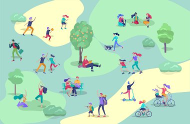 İnsanlar zaman geçiriyorlar, doğada dinleniyorlar, aile ve çocuklar parkta spor yapıyorlar, köpek gezdiriyorlar, yoga yapıyorlar, bisiklete biniyorlar, tenis oynuyorlar. Çizgi film vektörü