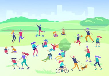 İnsanlar zaman geçiriyorlar, doğada dinleniyorlar, aile ve çocuklar parkta spor yapıyorlar, köpek gezdiriyorlar, yoga yapıyorlar, bisiklete biniyorlar, tenis oynuyorlar. Çizgi film vektörü