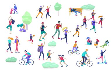 İnsanlar zaman geçiriyorlar, doğada dinleniyorlar, aile ve çocuklar parkta spor yapıyorlar, köpek gezdiriyorlar, yoga yapıyorlar, bisiklete biniyorlar, tenis oynuyorlar. Çizgi film vektörü