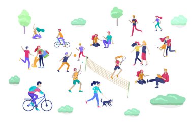 İnsanlar zaman geçiriyorlar, doğada dinleniyorlar, aile ve çocuklar parkta spor yapıyorlar, köpek gezdiriyorlar, yoga yapıyorlar, bisiklete biniyorlar, tenis oynuyorlar. Çizgi film vektörü