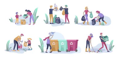 insanlar ve çocuklar geri dönüşüm sıralama organik çöp ayrım için farklı konteyner azaltmak için çevre kirliliği. Çocuklar ile aile çöp toplar. Çevre gün vektör karikatür