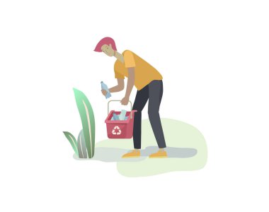 insanlar Çevre Kirliliğini Azaltmak için Ayırma için farklı bir kapta sıralama organik Çöp Geri Dönüşüm. Adam çanta veya konteyner çöp toplamak. Çevre günü vektör karikatür