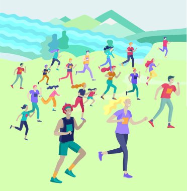 People Marathon Sport Yarış Koşusu, konsept çizimler... Manzarada spor giyinen erkek ve kadınlar. Antrenmanda koşuyor. Sağlıklı Aktif Hız Egzersizi. Çizgi film Vektörü