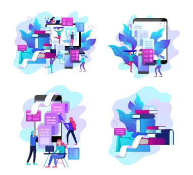 İş bloglama, insanlar ve eğitim teknolojisi kavramı vektör Illustration. Vektör illüstrasyon haber, Copywriting, seminerler, öğretici, yaratıcı yazma. Açılış sayfası
