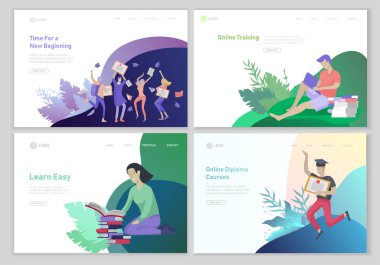 Rahat öğrenme insanlar açık ve online eğitim, eğitim ve kurslar için mezun web sayfası tasarım şablonları ayarlayın. Modern vektör illüstrasyon kavramları