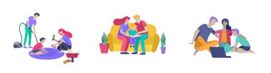 Aile hobi faaliyetlerinin koleksiyonu. Anne, baba ve çocuklar ev temizliği öğretmek, kitap okumak ve çocuk öğretmek, dizüstü bilgisayarda bir film izlerken. Karikatür