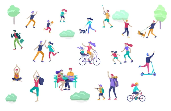 La gente pasa el tiempo, relajarse en la naturaleza, la familia y los niños realizando actividades deportivas al aire libre en el parque, pasear perro, hacer yoga, montar en bicicleta, entrenamiento de tenis. vector de dibujos animados — Archivo Imágenes Vectoriales