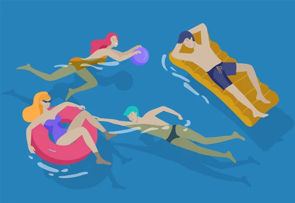 Люди с семьёй и детьми в море, бассейне или океане. Мужчины или женщины плавают в купальниках, ныряют, занимаются серфингом, лежат на плавучем надувном матрасе, играют в мяч. Мультяшный вектор — стоковый вектор