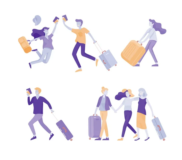 Diferentes personas viajan de vacaciones. Los turistas con equipaje que viajan con la familia, amigos y solos, se van de viaje. Viajeros en diversas actividades con equipaje y equipo. Vector — Archivo Imágenes Vectoriales