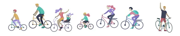Mladá žena a muž jezdí na kole v parku, rodina a přátelé jezdí na kolech. Máma, táta a děti na kole v parku. Sportovní venkovní aktivity. Kreslený vektor — Stockový vektor