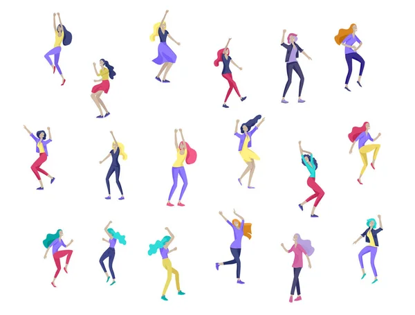 Personaje saltando en varias poses. Grupo de jóvenes riendo alegre gente saltando con las manos levantadas. Feliz positivos jóvenes hombres y mujeres — Vector de stock