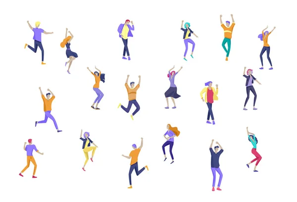 Personaje saltando en varias poses. Grupo de jóvenes riendo alegre gente saltando con las manos levantadas. Feliz positivos jóvenes hombres y mujeres — Vector de stock