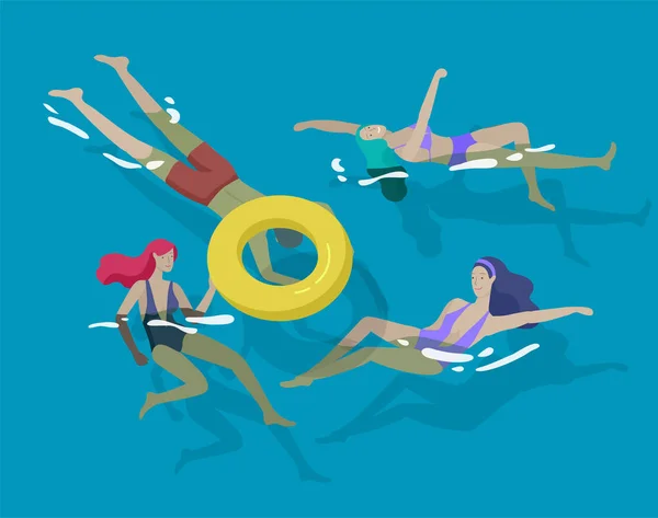 Menschen Familie und Kinder im Meer, Pool oder Meer durchführen Aktivitäten. Männer oder Frauen schwimmen in Badebekleidung, tauchen, surfen, liegen auf schwimmenden Luftmatratzen, spielen Ball. Karikaturenvektor — Stockvektor