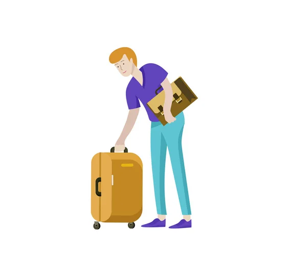 Touriste avec bagages voyageant seul, partez en voyage. Voyageur dans diverses activités avec bagages et équipements — Image vectorielle