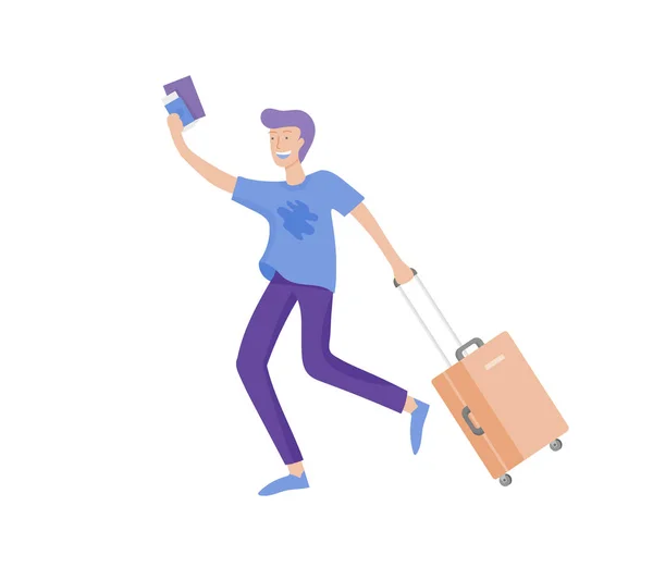 Turista con equipaje viajando solo, vaya de viaje. Viajero en diversas actividades con equipaje y equipo — Vector de stock