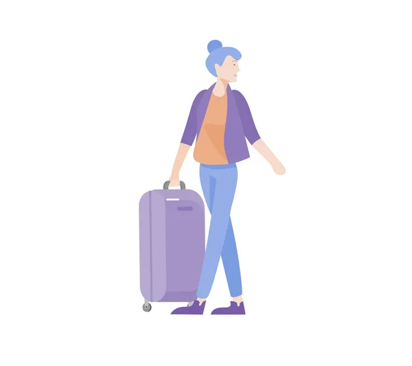 Turistas com laggage viajando sozinhos, ir em viagem. Viajante em várias atividades com bagagem e equipamentos — Vetor de Stock