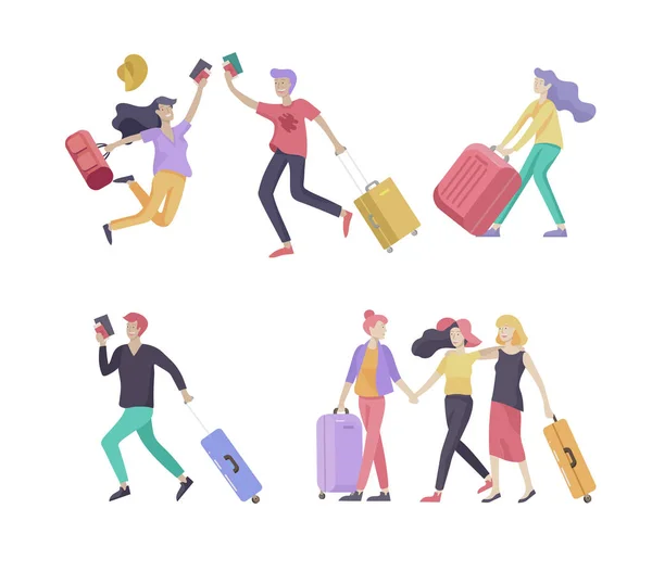 Olika människor reser på semester. Turister med laggage reser med familj, vänner och ensam, gå på resa. Resenärer i olika aktiviteter med bagage och utrustning. Vektor — Stock vektor