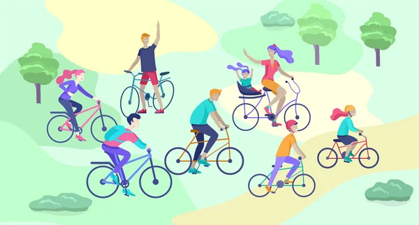 Joven mujer y hombre montar la bicicleta en el parque, la familia y amigos montar en bicicleta. Mamá, papá y niños en bicicleta en el parque juntos. Deportes actividad al aire libre. vector de dibujos animados — Archivo Imágenes Vectoriales