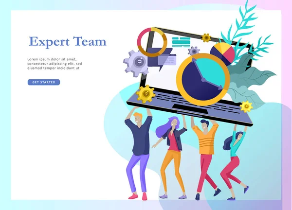 Plantillas de landing page configuradas con el equipo de personas en movimiento. Invitación empresarial y fiesta corporativa, cursos de formación de diseño, sobre nosotros, equipo de expertos, trabajo en equipo feliz. Diseño de personajes planos — Vector de stock