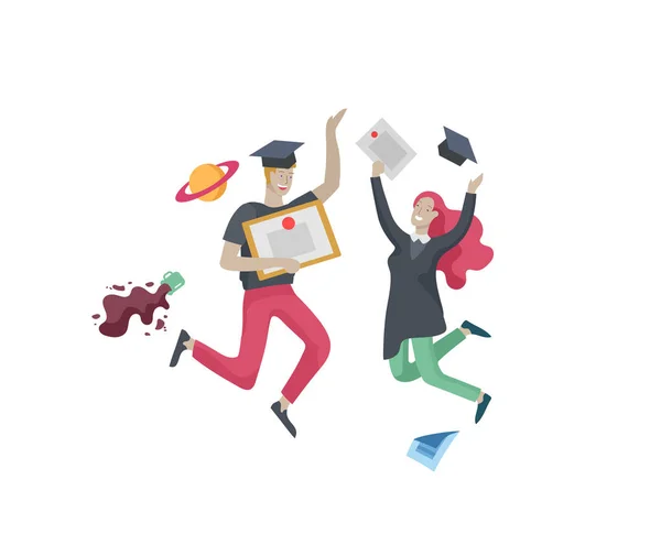 Grupo sonriente graduados personas en trajes de graduación con diplomas y feliz salto. Vector ilustración concepto ceremonia de graduación de dibujos animados — Archivo Imágenes Vectoriales