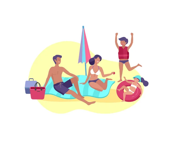 Collectie van familie zomer hobby activiteiten. Moeder, vader en kinderen zonnen, zwemmen, samen reizen. Cartoon vector — Stockvector