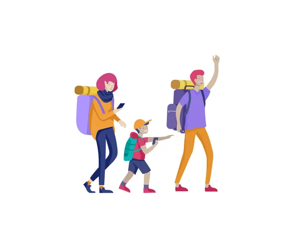 Verzameling van familie hobby activiteiten. Moeder, vader en kinderen wandelen en samen treken. Cartoon vector — Stockvector