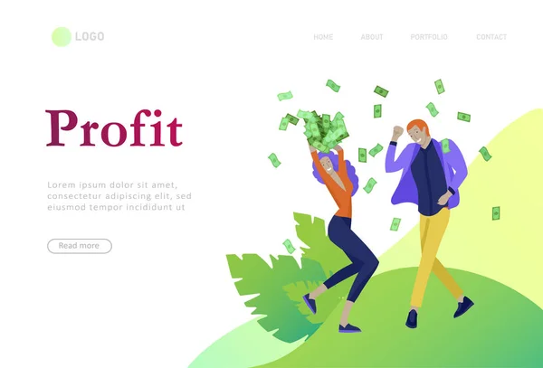 Modelo de landing page Pessoas felizes com dinheiro, personagens em movimento ganham dinheiro. Investimento de negócios, chuva de dinheiro, homens e mulheres correm com lucro, cobram contas. Estilo dos desenhos animados, vetor plano — Vetor de Stock