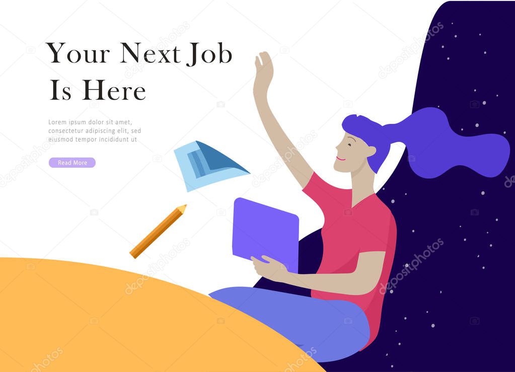 Job presentation banner page. Inspired People flying, choose career or interview a candidate, agency human resources creative find experience. Characters find work of dreams, design