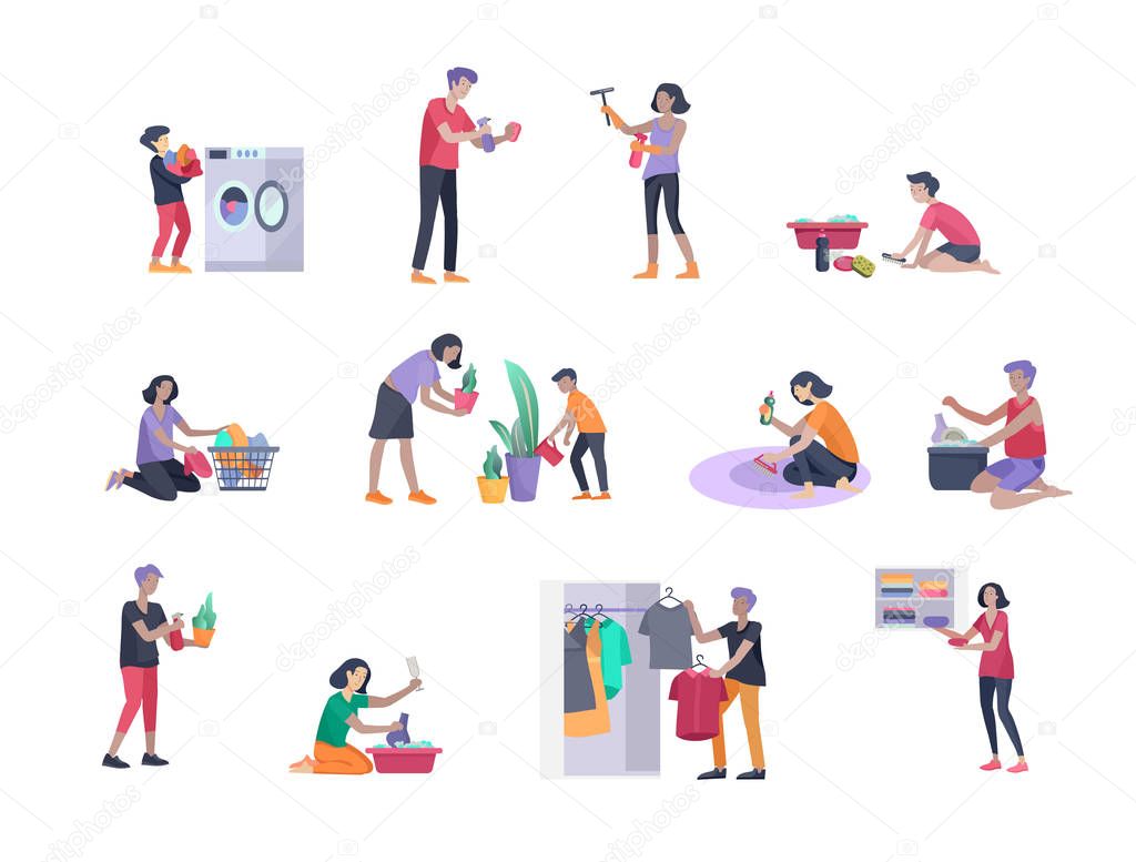 Scenes with family doing housework, kids helping parents with home cleaning, washing dishes, fold clothes, cleaning window, carpet and floor, wipe dust, water flower. Vector illustration cartoon