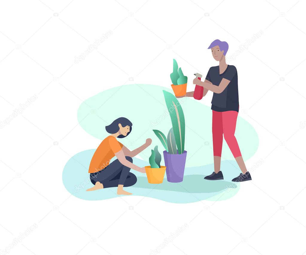 Scenes with family doing housework, couple home cleaning, washing greens, cleaning home garden, water flower. Vector illustration cartoon