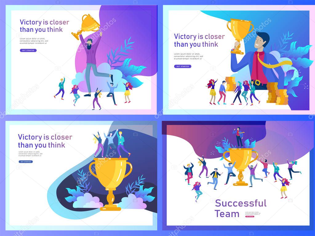 Landing page template set. Business Team Success hold Golden winner cup, concept of people are happy with victory. Office Workers Celebrating with Big Trophy