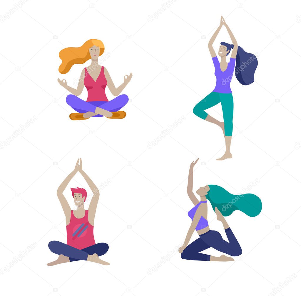 Young Man and woman meditate, sitting in yoga posture, performing aerobics exercise at home. Physical and spiritual practice yoga lesson. Mental health concept. Vector illustration