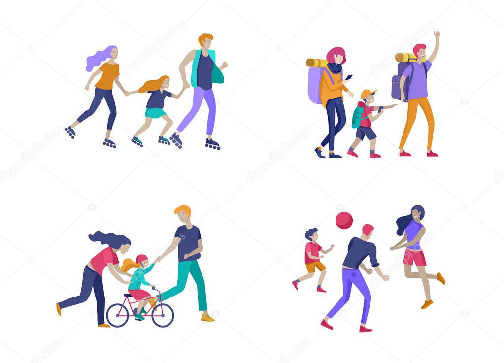 Collection of family hobby activities. Mother, father and children teach daughter to ride bike, walking hiking and treveling, roller skating, play ball together. Cartoon vector